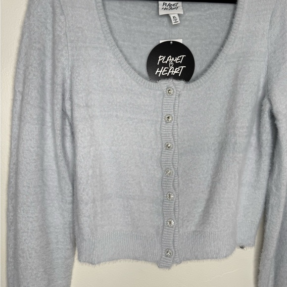 Planet Heart fuzzy pastel blue crop sweater cardigan Soft girl K romantic Dainty - Picture 4 of 7